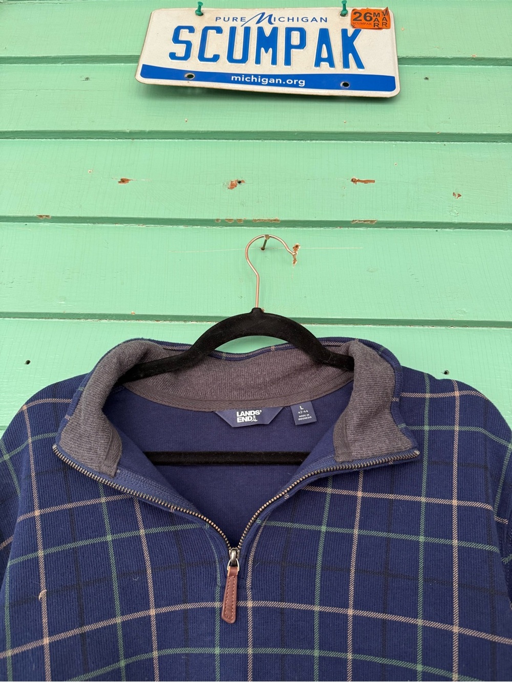Lands' End Men’s Navy Plaid Quarter-Zip Sweater with Green Accent
